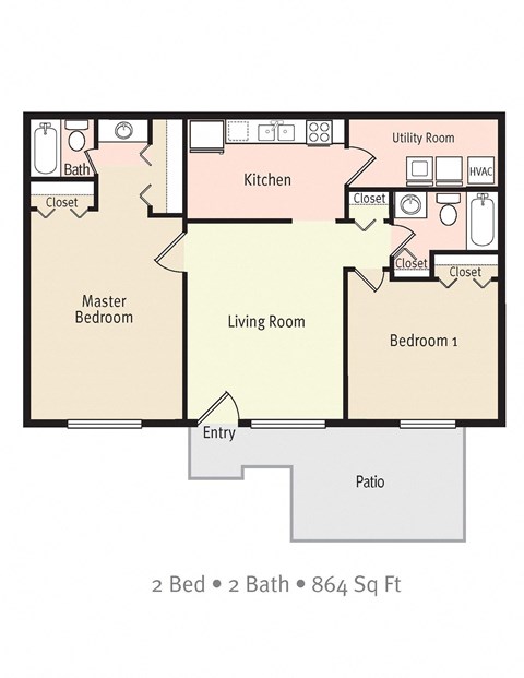 Floor plan for 2 beds, 2 baths, 864 sqft